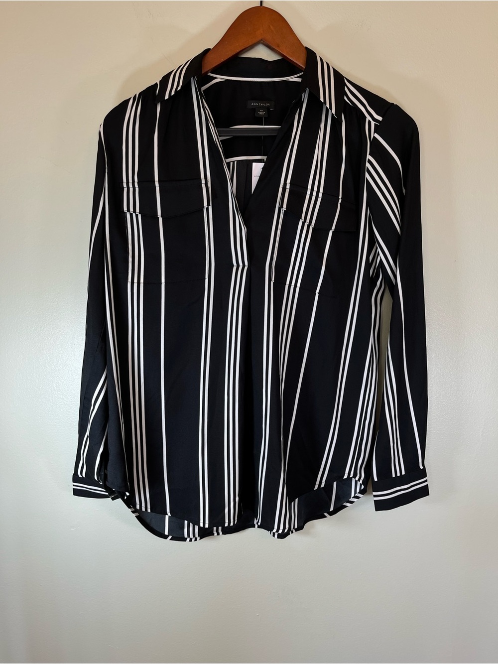 Ann Taylor Black and White Vertical Stripe Blouse